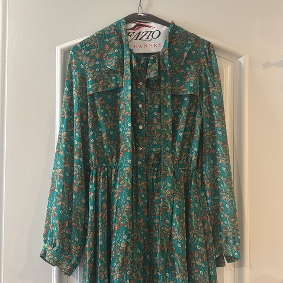 Haokeke Green Floral Long Sleeve Chiffon Pleated Midi Dress - M - Picture 9 of 16